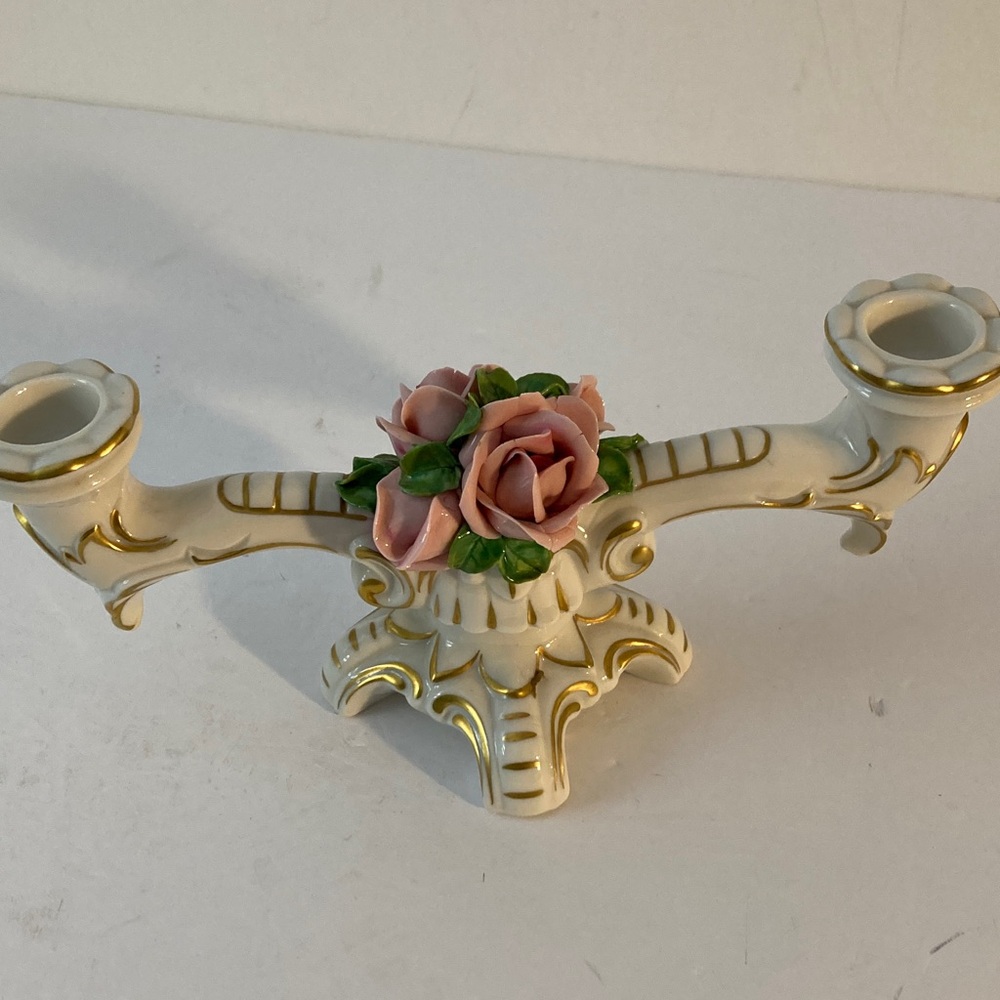 Dresden vintage Elegant Gold and Pink Floral Candle Holder - Picture 3 of 5